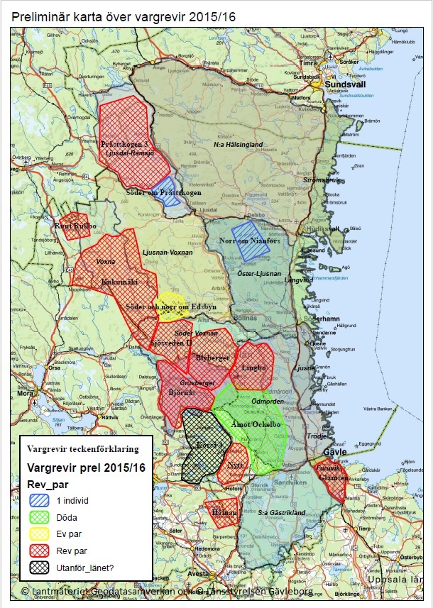 Norrala Övre | Preliminär karta över vargrevir 2015/2016